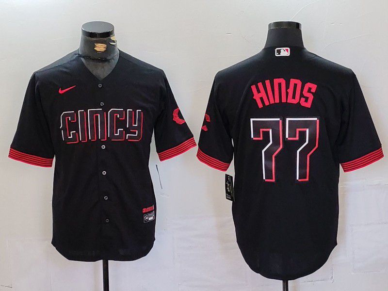 Men Cincinnati Reds 77 Hinds Black City Edition Nike 2024 MLB Jersey style 1